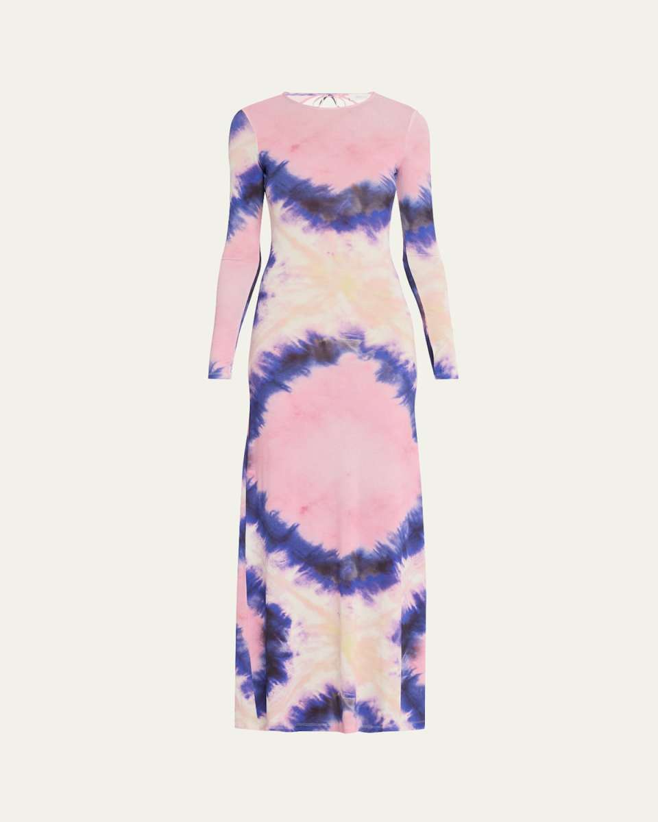 Tie-Dye Jersey Backless Long-Sleeve Maxi Dress